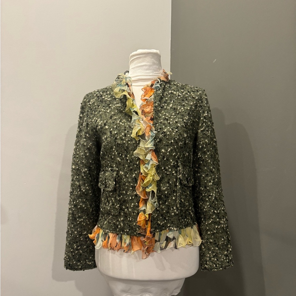 Dolce & Gabbana Green Tweed Jacket with Multicolor Ruffle